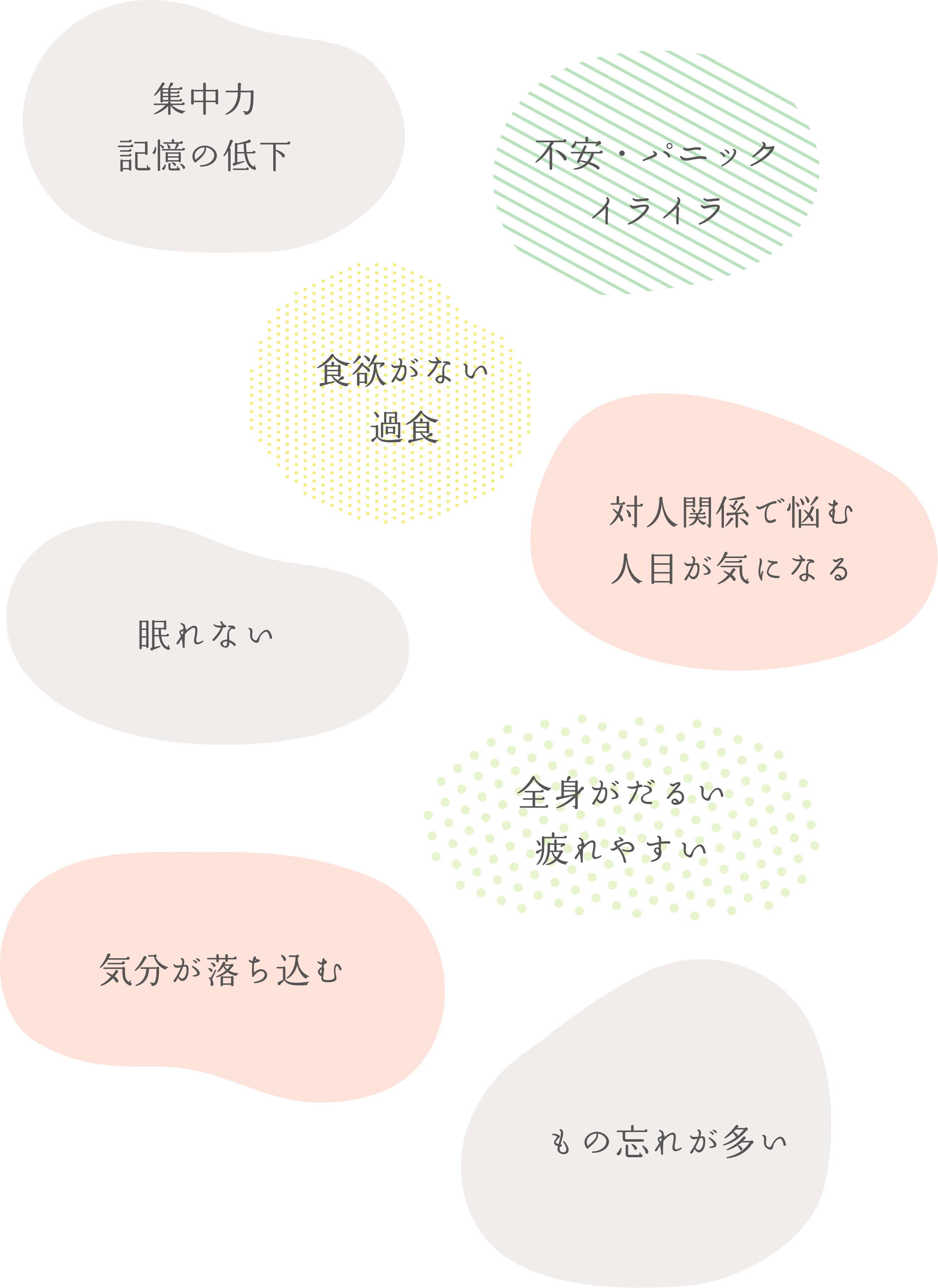 集中力 記憶の低下 対人関係で悩む 人目が気になる 気分が落ち込む もの忘れが多い 不安・パニック ストレス 全身がだるい 疲れやすい 眠れない